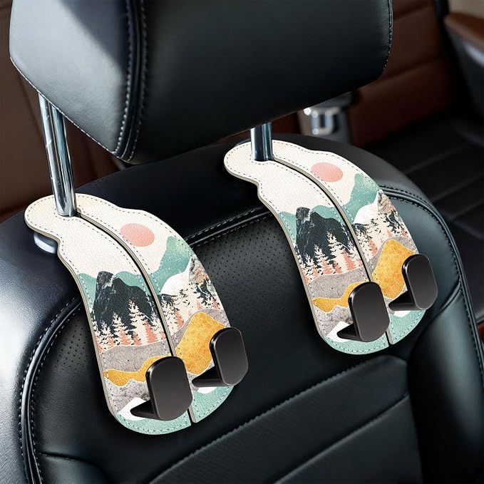 2PCS Car Seat Back Storage Headrest Hooks, Sunrise Purse Holder Bags Hanger, PU Leather Double Metal Hook for Backseat Organizer, Women Car Accessories Organization