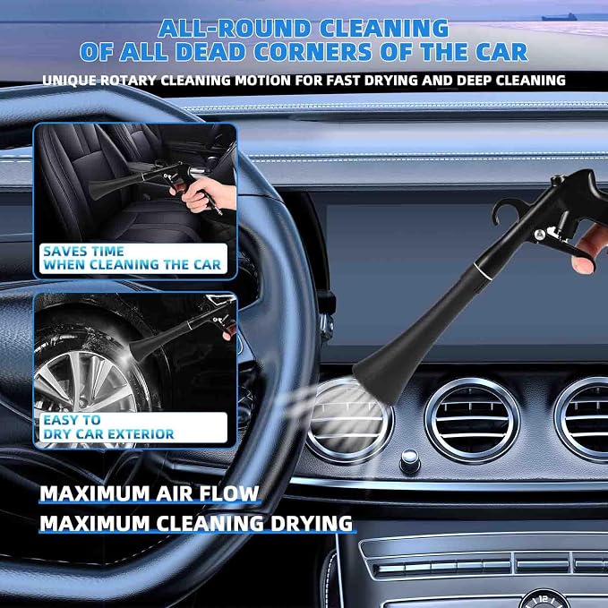 Car Cleaning Gun,High Pressure Air Blow Gun,Fast Interior Dryer Car Detailing Kit,Car Detailing Tools for Quickly Blowing Dust and Dirt Away Working with Compressed Air(2 MORE REPLACEMENT BRUSH HEADS)