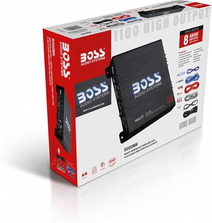 R1100MK Monoblock Car Amplifier and 8 Gauge Wiring Kit - 1100 High Output, High Low Level Inputs, Low Pass Crossover