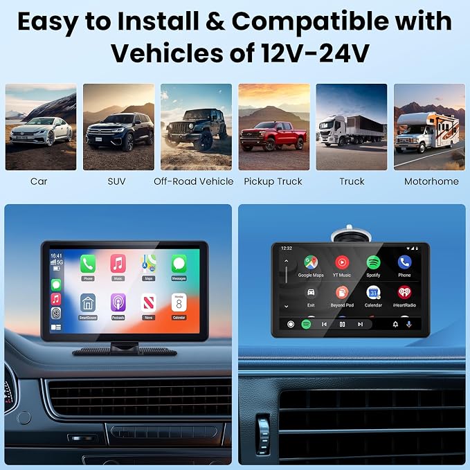 Wireless Portable Carplay Screen with 4K Dash Cam, 9" HD Touch Screen with A-pple Carplay & Android Auto Car Stereo, with 1080p Backup Camera, GPS Navigation/Mirror Link/Voice Control/Bluetooth