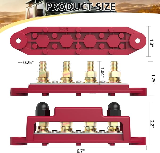 Power Distribution Block Bus Bar, 4 x 5/16" Post Marine Bus Bar Battery Busbar Terminal Block with Cover, Lugs, Ring Terminals (Pair, Red & Black)