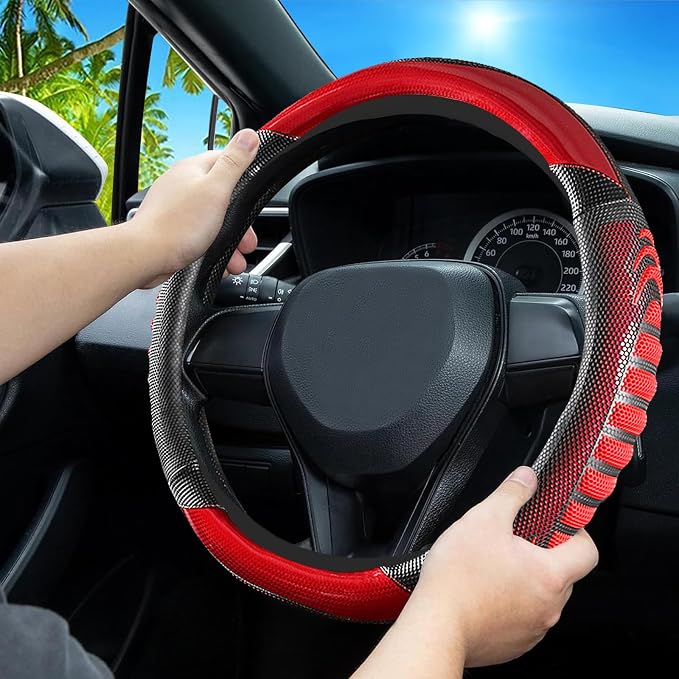 5D Honeycomb Black Red Car Steering Wheel Cover,14.5-15 Inch Universal Carbon Fibre Leather Covers Breathable Anti-Slip Odorless Steering Wheels Accessories for Men Women