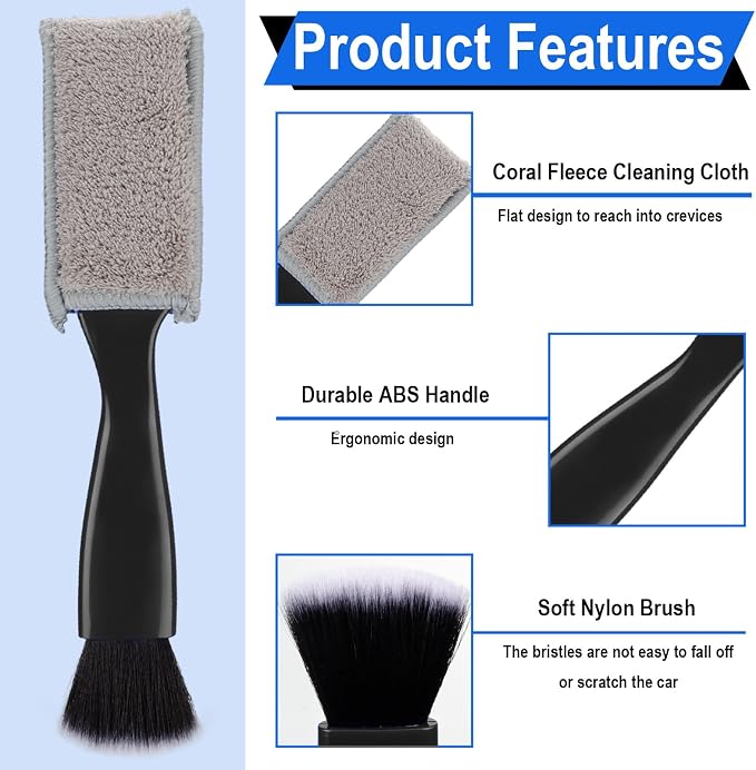 2PCS Double Head Brush for Car Clean, Car Accessories Universal 2 in 1 Car Detailing Brush, Double Ended Portable Dust Brush with 4 Cleaning Cloth, for Air Conditioner Outlets, Dashboard Screen