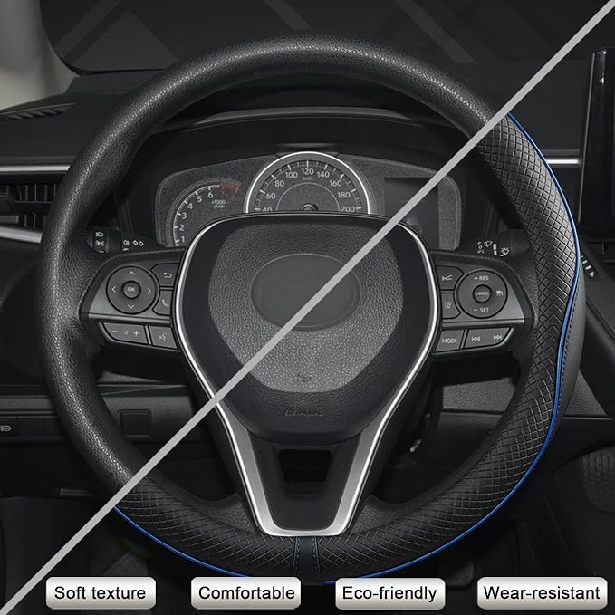 Microfiber Leather Car Steering Wheel Cover for Honda Accord Civic CR-V HR-V Pilot Fit Passport Odyssey,Sport Style,14.5-15 inch (Black+Blue Line-Standrad Size)