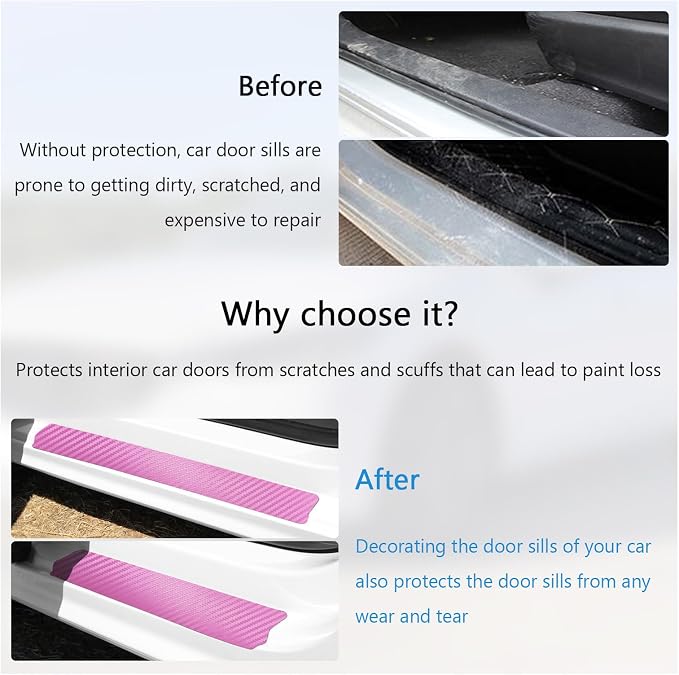 4 PCS Car Door Sill Protector, 3D Carbon Fiber Auto Door Entry Edge Guard Protection Trim, Anti-Scratch Threshold Cover Strips, Sill Protection Sticker for Car SUV Truck (Pink)