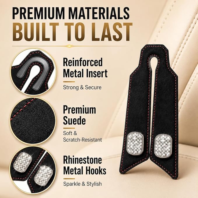 2Pcs Bling Car Headrest Hooks, Premium Leather & Sparkling Rhinestone Dual Metal Hooks, Back Seat Organizer for Bags, Coats, Purses and Groceries (Crystal Black)