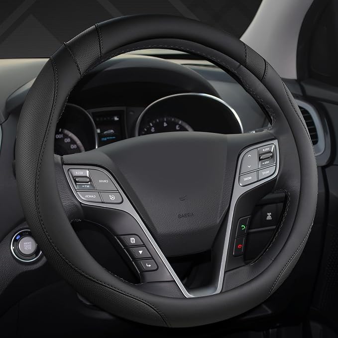 Customized Auto Car Steering Wheel Cover for Hyundai,Tucson,Sonata,Elantra,Santa Fe,Genesis,Sonata Hybrid,Azera,Venue,Kona, 14.5-15 inches(Black - Standard Size)