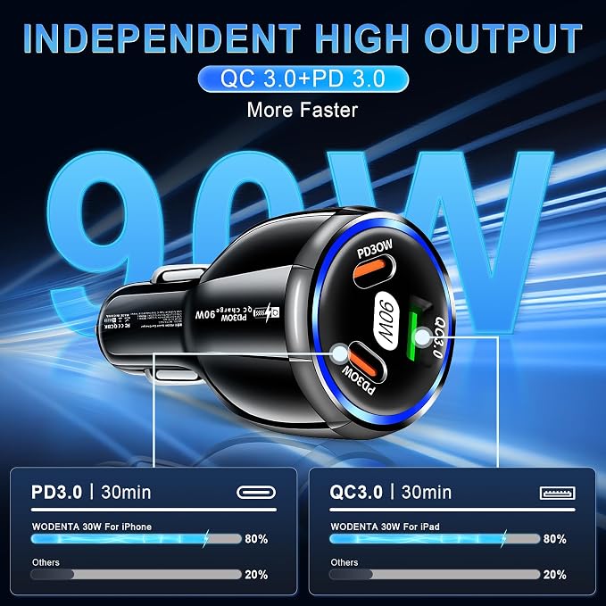 Car Charger Adapter, 3 Port USB-C & USB-A 90W Fast Charger, Car Interior Accessories, Essential Travel Gifts for Men and Women, Fit for iPhone 17/16/15/14/13Pro Max, Samsung, Android (Black 1pc)