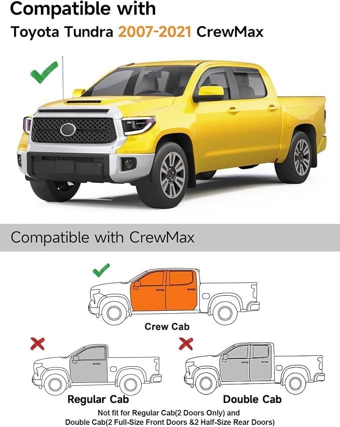 in-Channel Window Rain Guards Fit for Toyota Tundra CrewMax 2007-2021 Rain Guards Extra Durable Side Window Deflectors Truck Visors Vent Visors Vent Shades Car Accessories -4 pcs