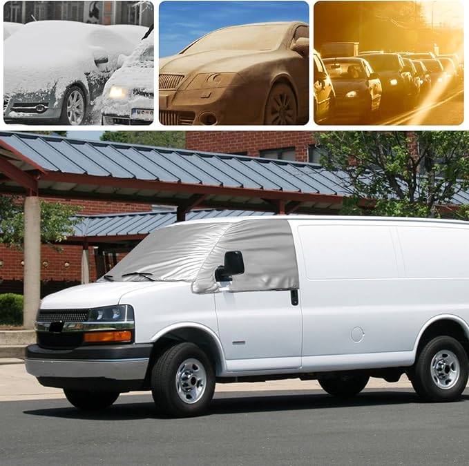 Silver RV Windshield Cover for Chevy Express GMC Savana 1996-2026 | Fits Class C Motorhome Vans, Hail Protector, Waterproof Silver Snow Cover