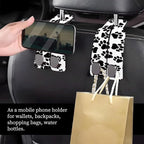 Car Seat Headrest Hook, Universal Leather Cute Hanger Holder Hook, Storage Organizer Interior Accessories for Purse Bags Handbag Black White Dog Paws