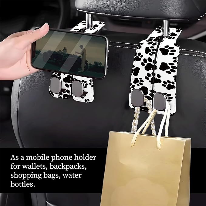 Car Seat Headrest Hook, Universal Leather Cute Hanger Holder Hook, Storage Organizer Interior Accessories for Purse Bags Handbag Black White Dog Paws