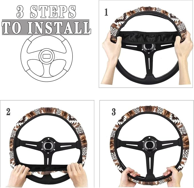 Steering Wheel Cover Fit Most Car SUV Van Truck American Tribal Geometric Sunflower Cow Pattern Car Wheel Protector Wear-Resistant Auto Wheel Cover Automotive Accessories