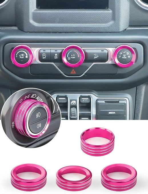 HVAC Climate Control Panel Knob Trim Kit & Light Control Switch Cover, Air Conditioner Knob Aluminum Alloy Ring for 2018-2024 Jeep Wrangler JL JLU & Gladiator JT, Interior Accessories, Pink