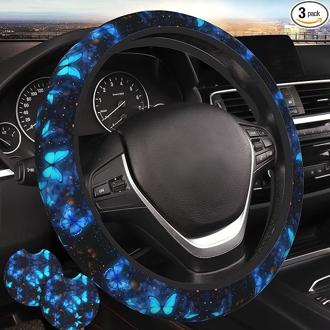 Butterfly Blue Steering Wheel Cover + 2 Cup Coasters - Neoprene Non-Slip, Breathable Elasticity Universal Fit 14.5-15.6 Inch for Cars/Trucks/SUV - Car Interior Decoration