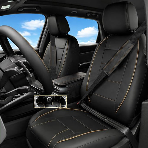 14 PCS Leather Car Seat Covers Full Set, 14.5”-15'' Sporty Steering Wheel Cover Universal, Center Console Cover, Seat Belt Cushion, Cup Holder Coaster, Car Interior Set Beige