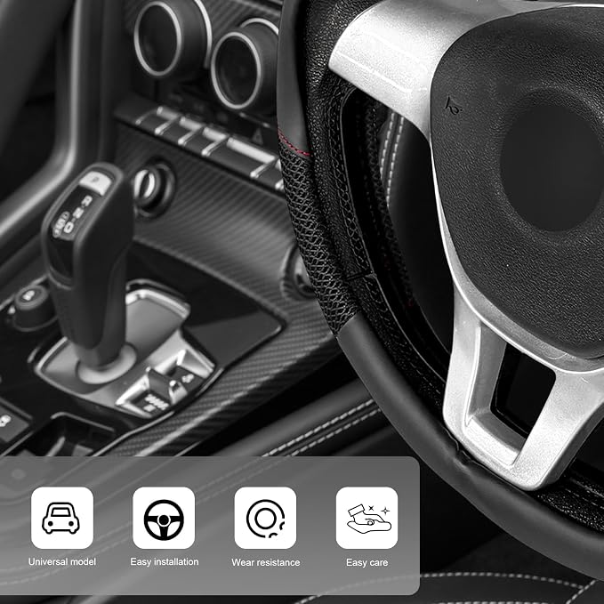 Sun Walker Steering Wheel Cover, 15 inch Breathable Steering Wheel Protector with Anti-Slip Lining, Comfortable Wheel Wrap Cover for Most Vehicles, Universal Car Accessories (Black)