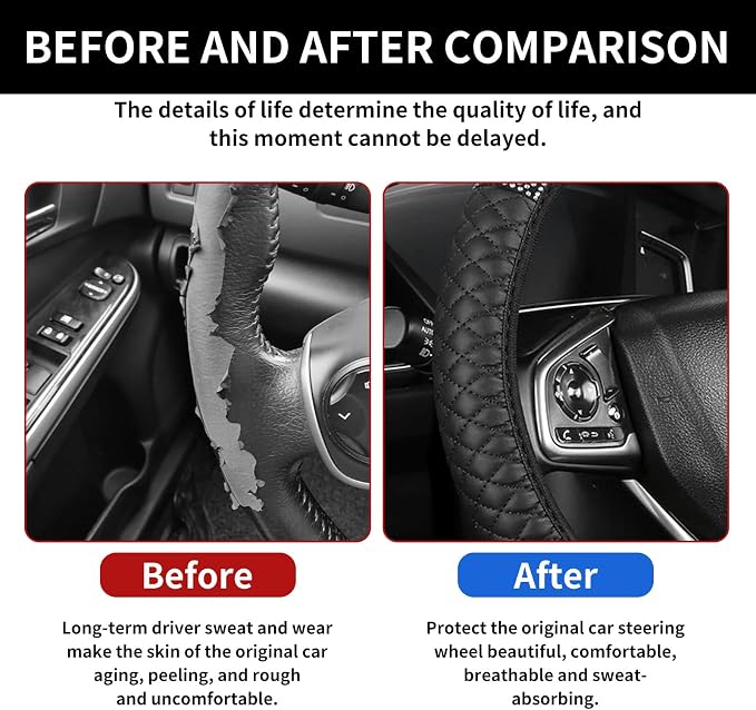 Bling Car Steering Wheel Cover, 15 Inch Rhinestones Soft Leather Elastic Steering Wheel Protector, Sparkly Crystal Diamond for Women, Car Interior Accessories for Most Cars (Black)