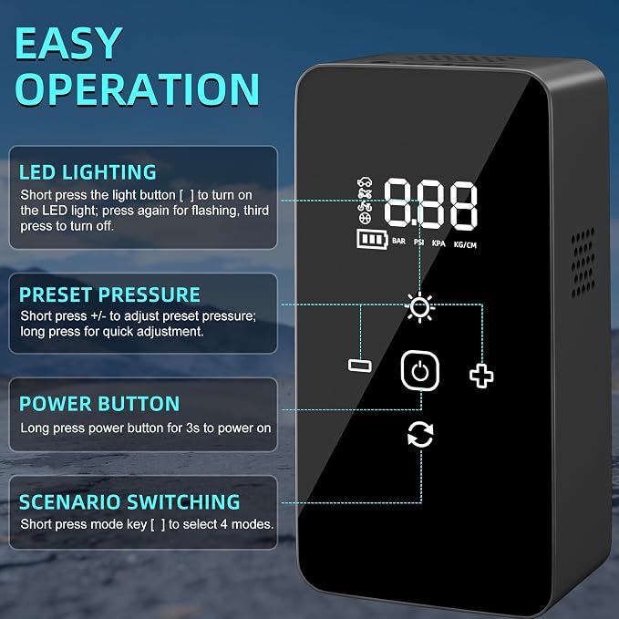 Portable Air Compressor Tire Inflator with Digital Pressure Gauge, LED Lights & Auto Shut-Off Function, Cordless Tire Air Pump with 12V DC Car Plug for Car, Motorcycle, Bicycle, Ball