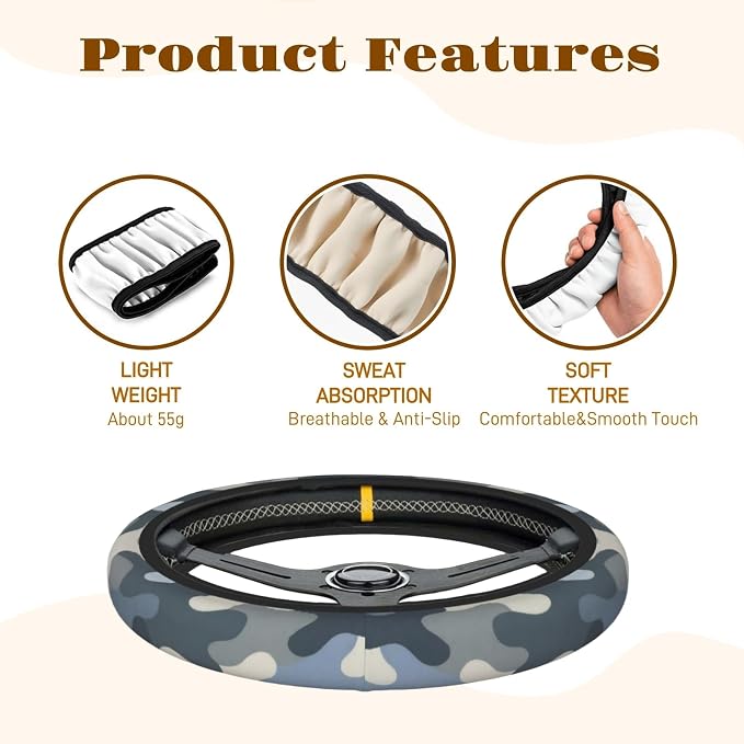 Steering Wheel Cover Accessories Neoprene Cover, Breathable Non-Slip Easy to Install Suitable for Women Men, 14.5-15.5 Inch for Car SUV Van Truck Universal - Camouflage