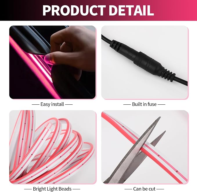 Car LED Strip Lights - Trunk Cargo Ambient Lighting, Pink 10000K, 118.11 inches Flexible Cuttable LED Light Strip, Easy Install, Waterproof, Universal Fit for Car Trunks, SUVs, and Vans