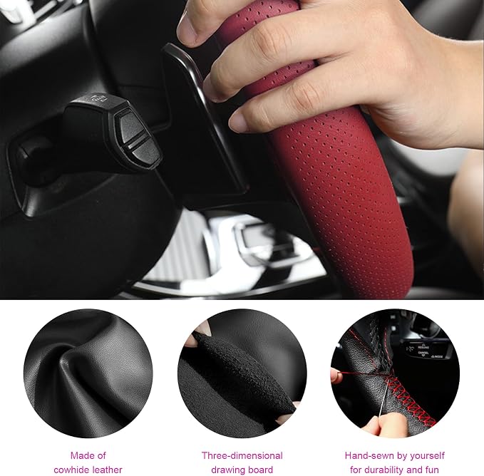 Genuine Leather Steering Wheel Cover, Stitch on Wrap, Breathable Anti-Slip Car Steering Wheel Protector for Max Diameter 15 Inch, DIY Sewing with Needles Thread (Wine Red, Glossy)