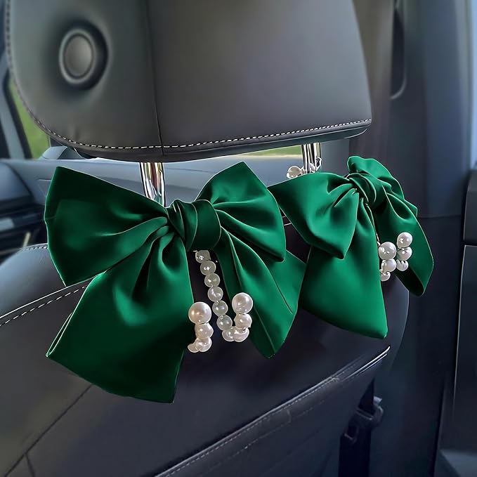 2 PCS Bow Pearl Car Seat Headrest Hook – Cute Purse Hook for Car, Girly Interior Decoration Accessories Hook Hanger, Seatback Holder for Purses & Bags, Elegant Car Organizer (Galactic Green)