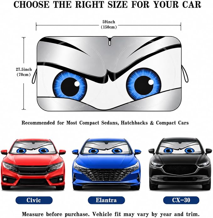 Car Windshield Sun Shade, Universal Fit Compact Sedan SUV, Sport Silver | 59 x 27.5" Car Sun Visor, Foldable Front Window Sunshade, UV Heat Protection, Cute Eyes Series