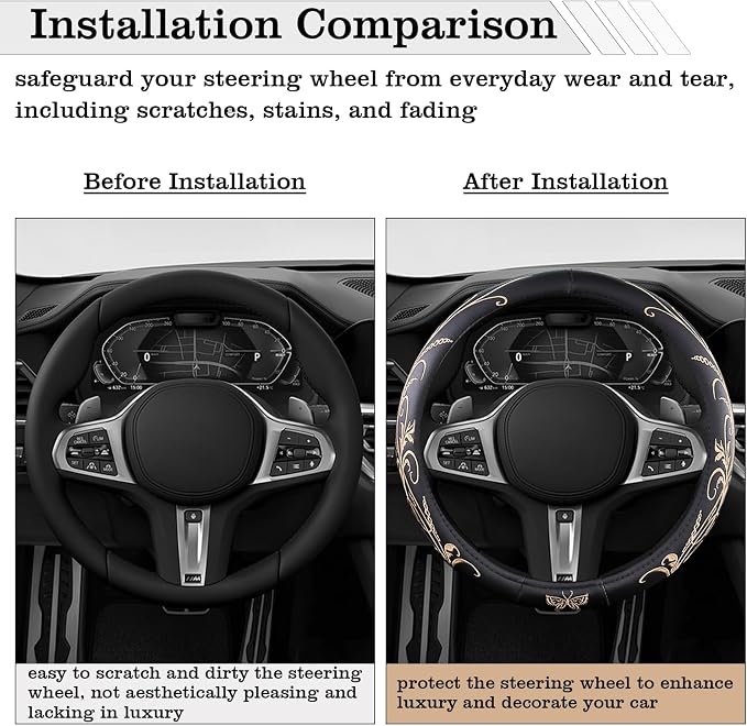 Car Leather Steering Wheel Cover - Panapi Material, Universal 14.5-15 Inch Leather Anti-Slip Breathable Auto Steering Wheel Covers for Men Women (Embroidery-Beige)
