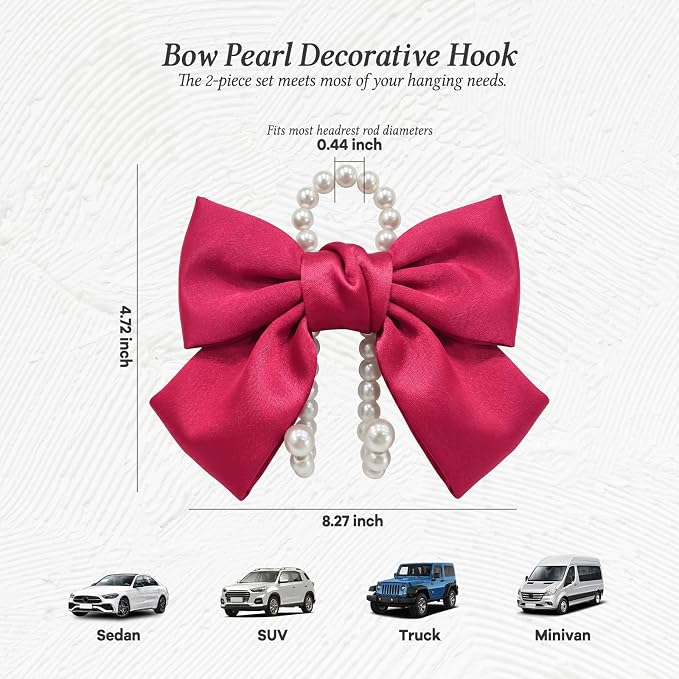 2PCS Satin Bow Pearl Car Seat Headrest Hooks – Car Bag Holder & Vehicle Hanger for Purses – Cute Coquette Aesthetic Interior Decoration – Cute Auto Organizer Accessories Universal (Berry Fuchsia)