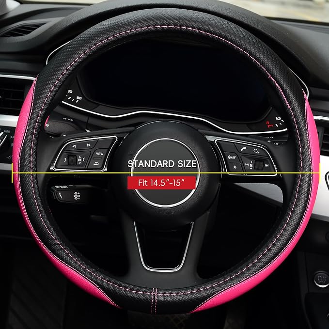 Microfiber Leather Auto Car Steering Wheel Cover, Universal Fit 15 Inch Anti-Slip Wheel Protector, Pink