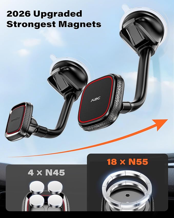 Phone Holder for Car, Dashboard Windshield Phone Holder Mount with Flexible Arm & Built-in Strong Magnets, Suction Cup Phone Holder for Car Compatible with MagSafe