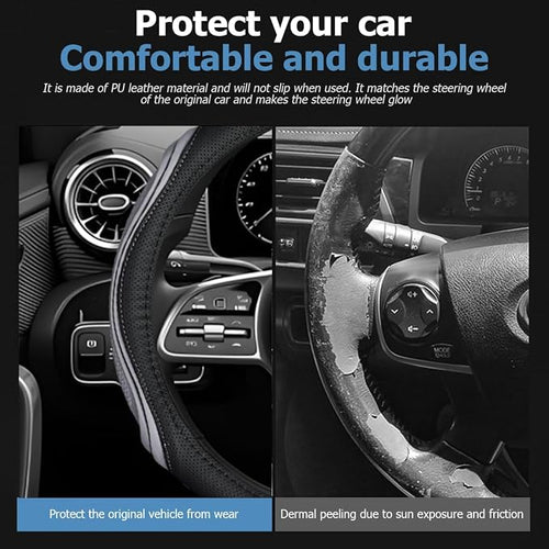 15 Inch Car Leather Steering Wheel Cover, Automotive Accessories Elastic Breathable Anti-Slip Soft Wheel Protector Fits Men and Women, Suitable for SUVs, Trucks, Vehicles and RVs (Gray-1)
