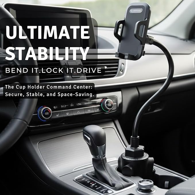 Cup Holder Phone Mount 15 Inch Adjustable Gooseneck Arm for Car | Adjustable long arm and stable cup holder base keep your phone secure, easy to reach, and clear to view while driving