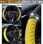 15 Inch Bling Soft Leather Car Steering Wheel Cover, Yellow | Colorful Rhinestones Design, Auto Elastic Protector for Women Girls, Crystal Diamond Car Accessories for Most Cars, SUVs