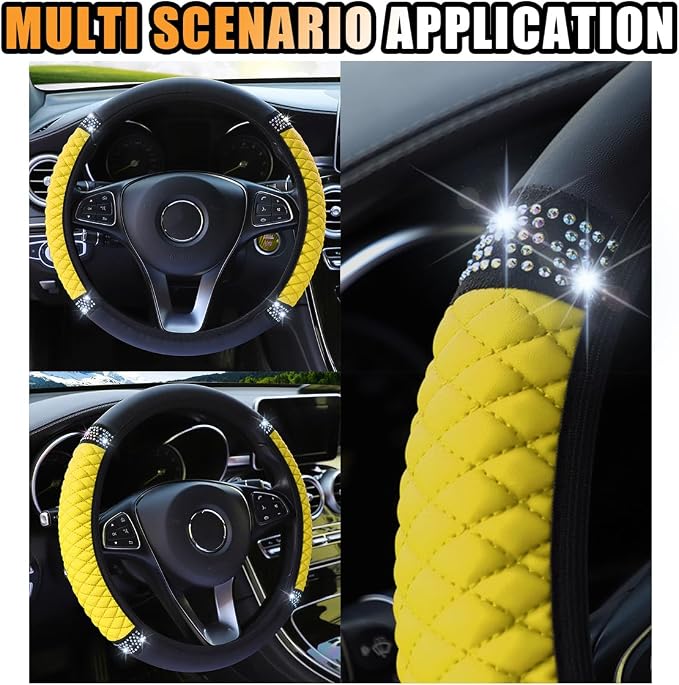 15 Inch Bling Soft Leather Car Steering Wheel Cover, Yellow | Colorful Rhinestones Design, Auto Elastic Protector for Women Girls, Crystal Diamond Car Accessories for Most Cars, SUVs