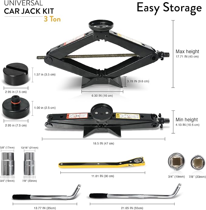 Car Jack Kit 3 Ton (6,600 lbs) with Tesla Pad & Universal Rubber Pad | Scissor Jack for Car - Tire Jack Tool Kit | Portable, Ideal for SUV and Auto - Universal Emergency Kit with Lug Wrench