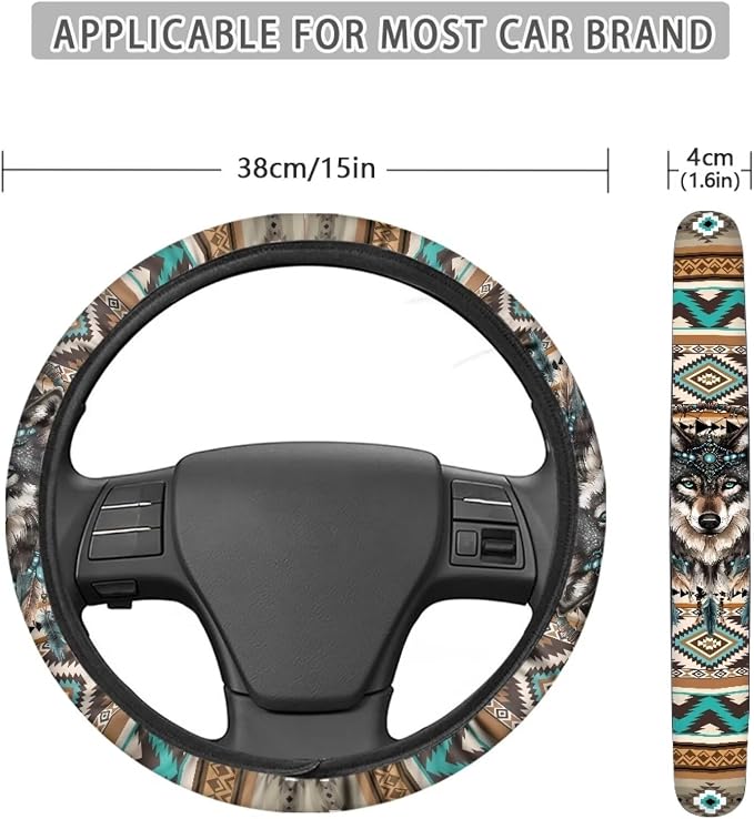 Aztec Wolf Dream Catcher Car Steering Wheel Cover Universal 15 Inch for Cars Anti-Skid Soft Touch Elastic All Weather Protection