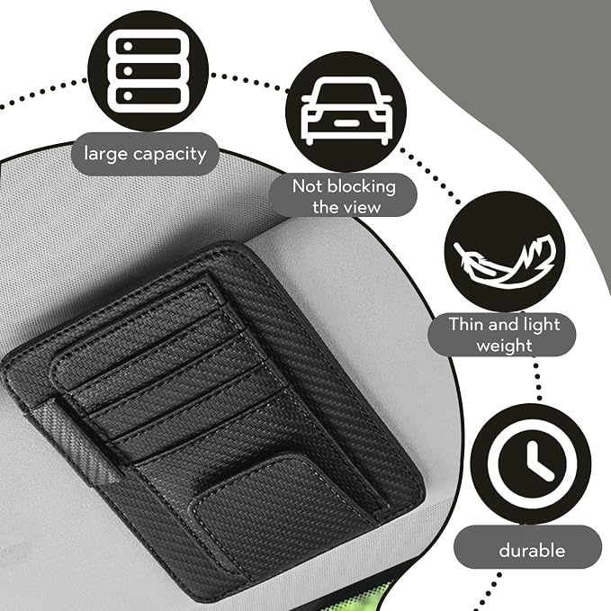 Car Sun Visor Organizer, Multifunctional Auto Visor Document Holder with Sunglasses Clip, Universal Car Interior Accessories Organizer for Drving License, Card, Pen (Carbon Fiber Black)