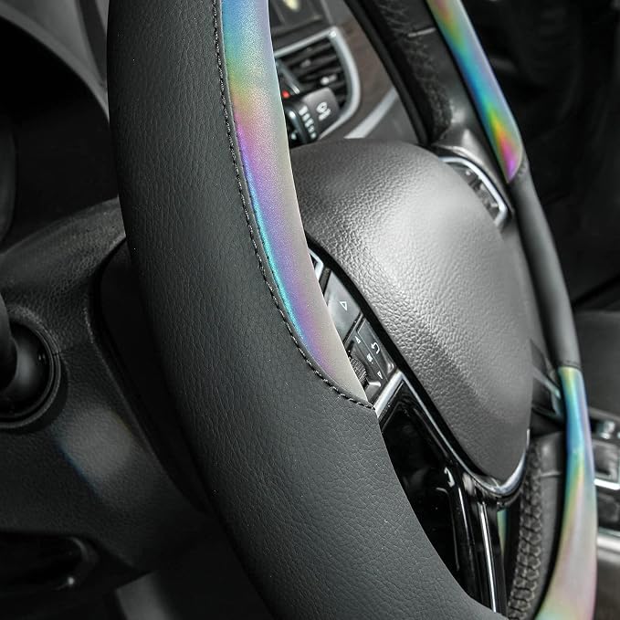 Chameleon Iridescent Reflective PU Leather Steering Wheel Cover,15Inch Universal Fit for 95% Suvs,Sedans,Vans,Trucks for Unique Cute Women Lady Girly(Black Colorful Color Change) Multicolor