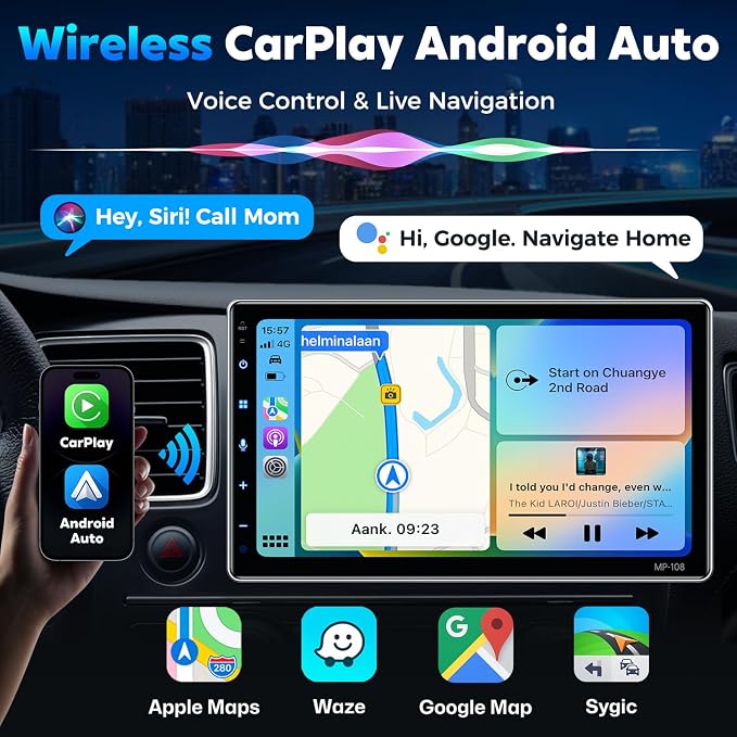 10.1" Wireless Single Din Car Radio Stereo with Apple Carplay Android Auto Touch Screen, Car Play Audio Receivers Headunit, Bluetooth 5.3, Backup Camera, 240W, 2 Subwoofers, Navigation, FM/AM, SWC
