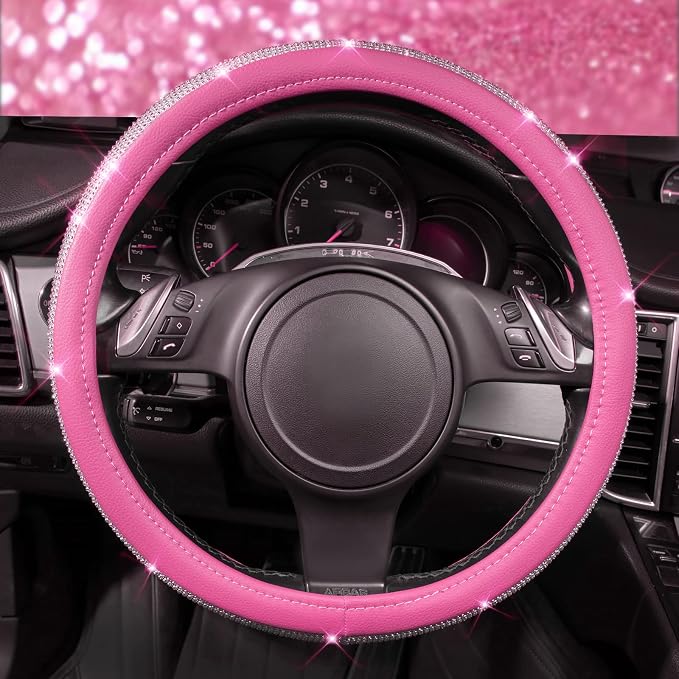 Diamond Pink Leather Steering Wheel Cover, with Bling Crystal Rhinestones Universal Fit 14" 1/2-15" Crystal Glitter for Women Sparkle Girl Fit Suvs,Vans,Sedans,Cars,Trucks, Pink Diamond