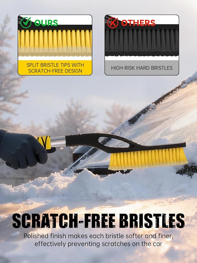27" Snow Brush and Ice Scrapers for Car Windshield, Yellow, 2 Pack | Detachable Windshield Scraper, Snow Removal Tool with Curved Connector & Ergonomic Foam Grip for Cars, Trucks, SUVs