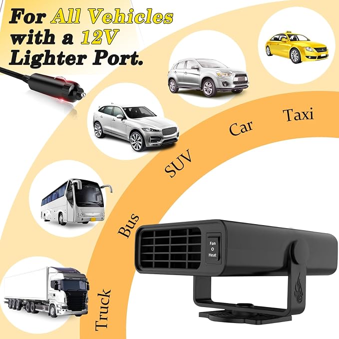 Car Heater, Car Heater That Plugs into Cigarette Lighter, 200W Portable Car Heaters and Car Defroster Windshield Defogger, 12V Heater for Car with 360 Degree Rotary Base