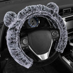 Faux Fur/Wool/Sheepskin Steering Wheel Cover for Women - Cute, Bear Fur, Soft, Fluffy, and Warm, Great for Winter Gray with Ears, 14.5-15