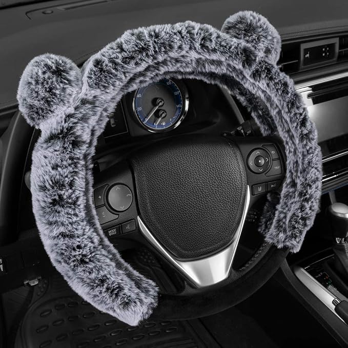 Faux Fur/Wool/Sheepskin Steering Wheel Cover for Women - Cute, Bear Fur, Soft, Fluffy, and Warm, Great for Winter Gray with Ears, 14.5-15