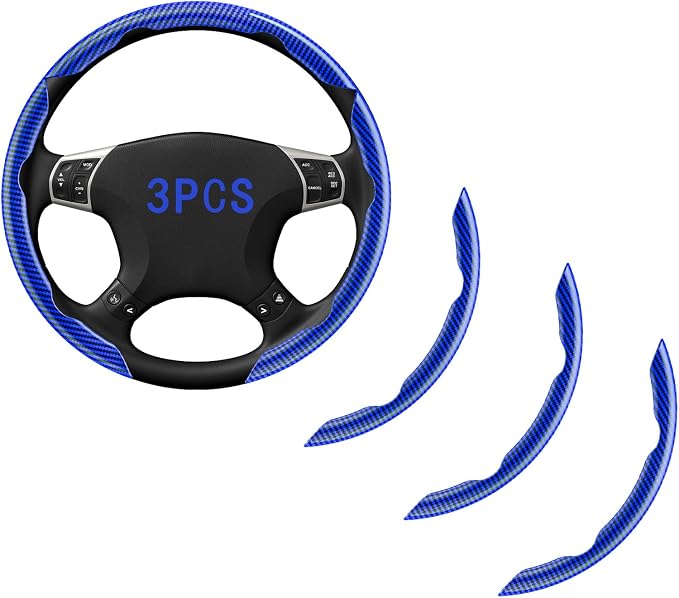Steering Wheel Covers, 3PCs Carbon Fiber Anti-Skid Clip on Car Steering Wheel Cover Protector Universal for Most Car, Blue