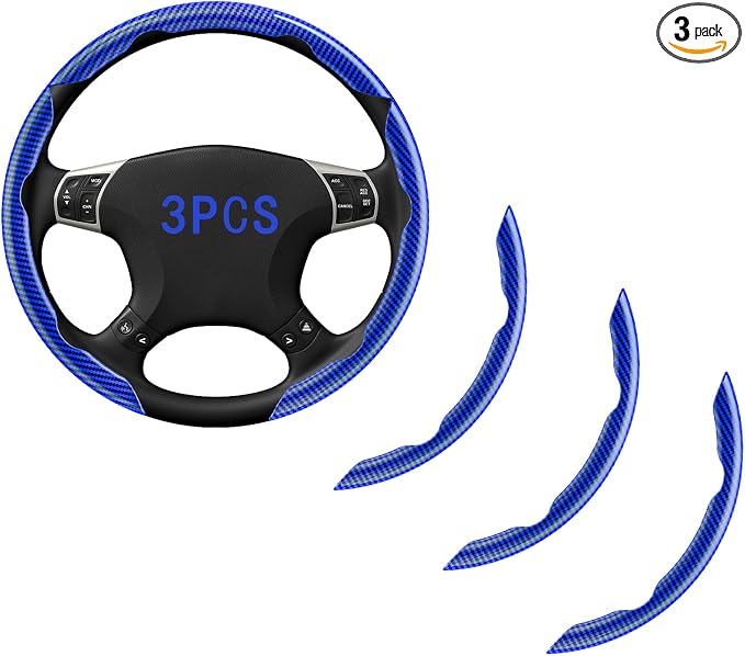 Steering Wheel Covers, 3PCs Carbon Fiber Anti-Skid Clip on Car Steering Wheel Cover Protector Universal for Most Car, Blue