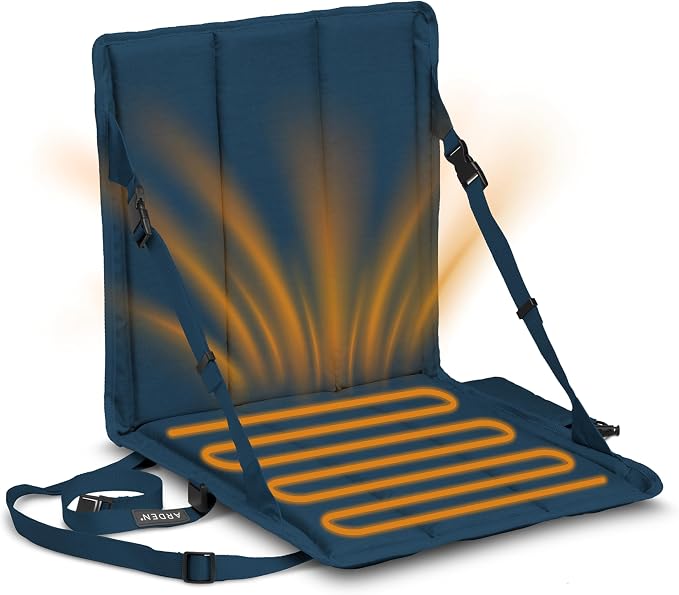Heated Stadium Seat, Foldable, Lightweight with Carrying Strap, Foam Cushion for Comfort, Adjustable, Back Support, Multi-Functional Use As Stadium Seat or Seat Pad, Navy/Navy