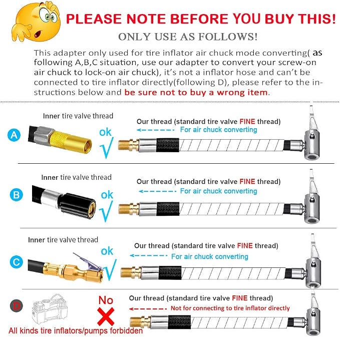 Locking Tire Chuck with Rubber Hose and Standard Tire Valve Fine Thread, Tire Inflator Pump Hose Adapter for Twist On Convert to Lock On Connection